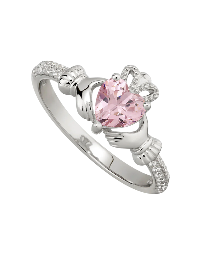 October Birthstone Rose Sterling Silver Claddagh Ring