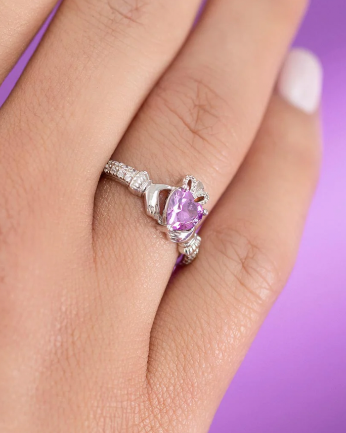October Birthstone Rose Sterling Silver Claddagh Ring