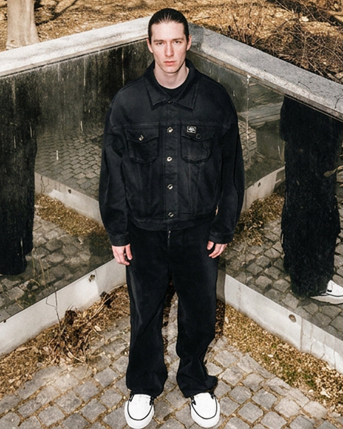 Oksuroad washed black denim trucker jacket