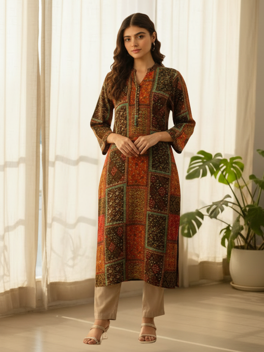 Orange Printed Straight Kurta