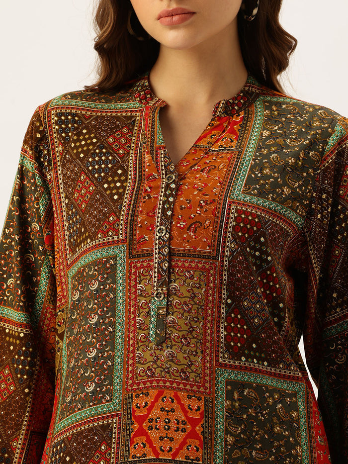 Orange Printed Straight Kurta