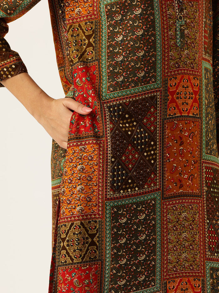 Orange Printed Straight Kurta