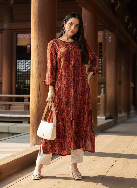 Orange Stripe Printed Kurta, Princess Cur Kurta, A-Line Kurta, Floral Print, Round Neck kurta, printed kurta, Stripe Printed