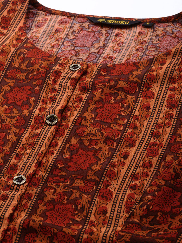 Orange Stripe Printed Kurta, Princess Cur Kurta, A-Line Kurta, Floral Print, Round Neck kurta, printed kurta, Stripe Printed