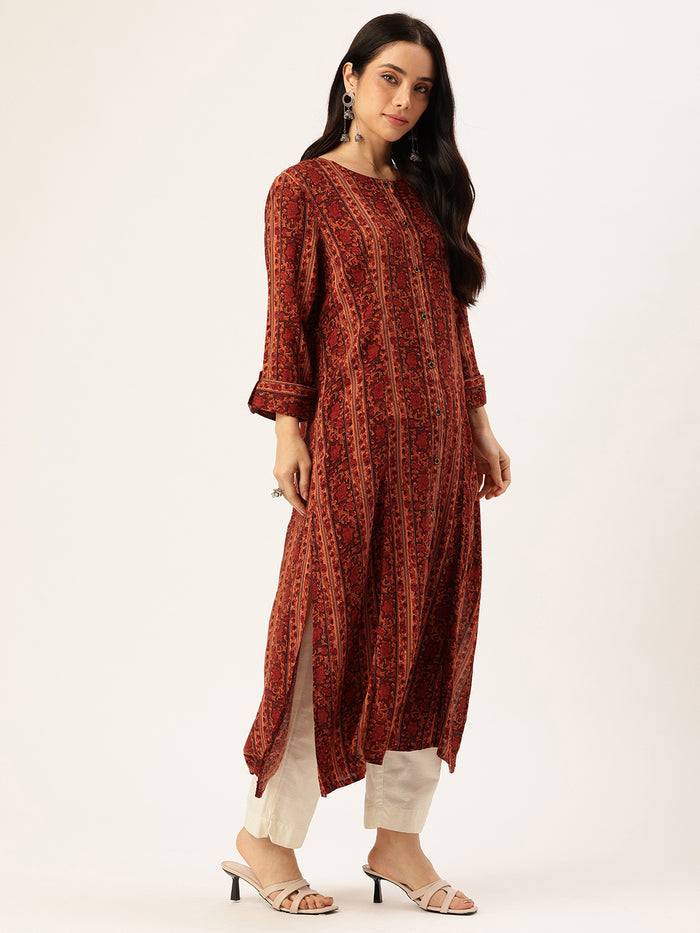 Orange Stripe Printed Kurta, Princess Cur Kurta, A-Line Kurta, Floral Print, Round Neck kurta, printed kurta, Stripe Printed