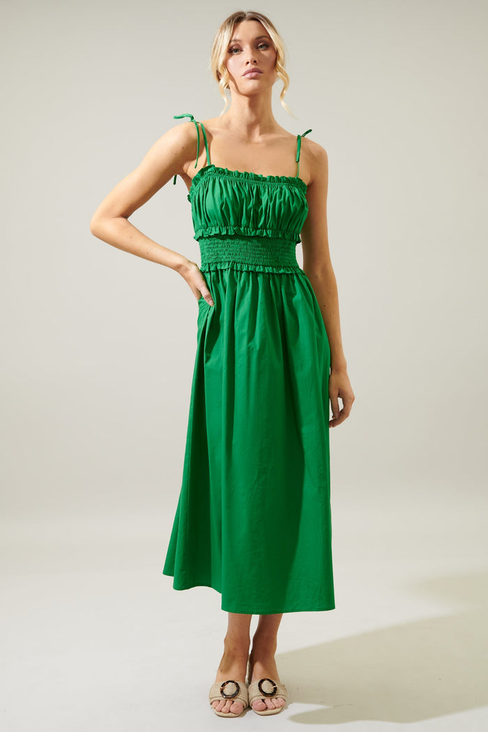 Orion Smocked Waist Tie Strap Poplin Midi Dress