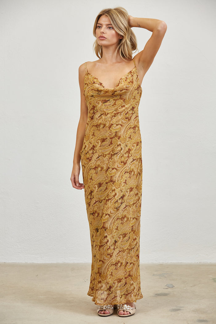 Paisley Cowl Neck Open Back Slip Midi Dress