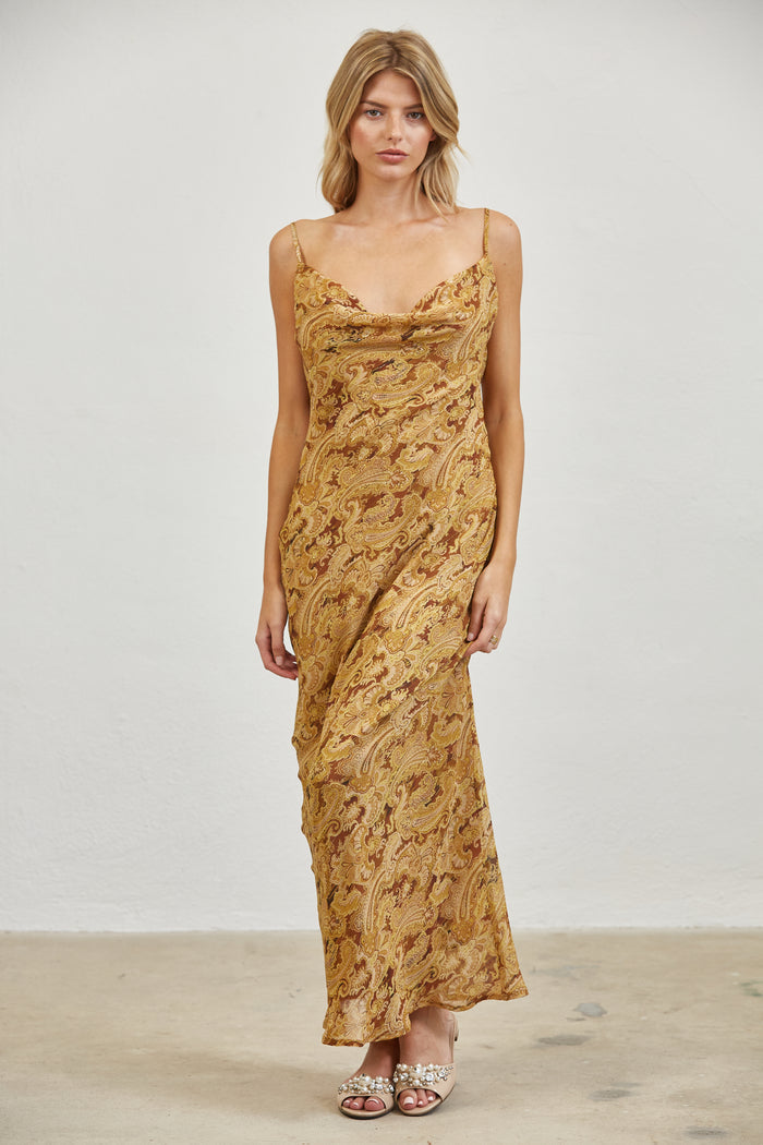 Paisley Cowl Neck Open Back Slip Midi Dress