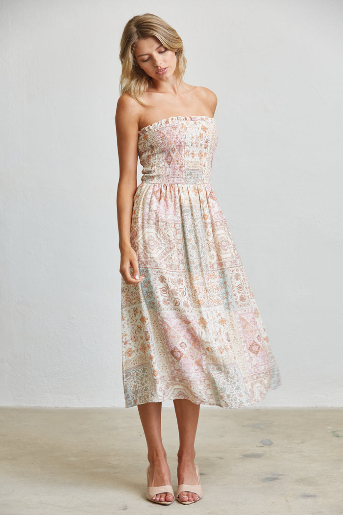 Patchwork Smocked Midi Dress