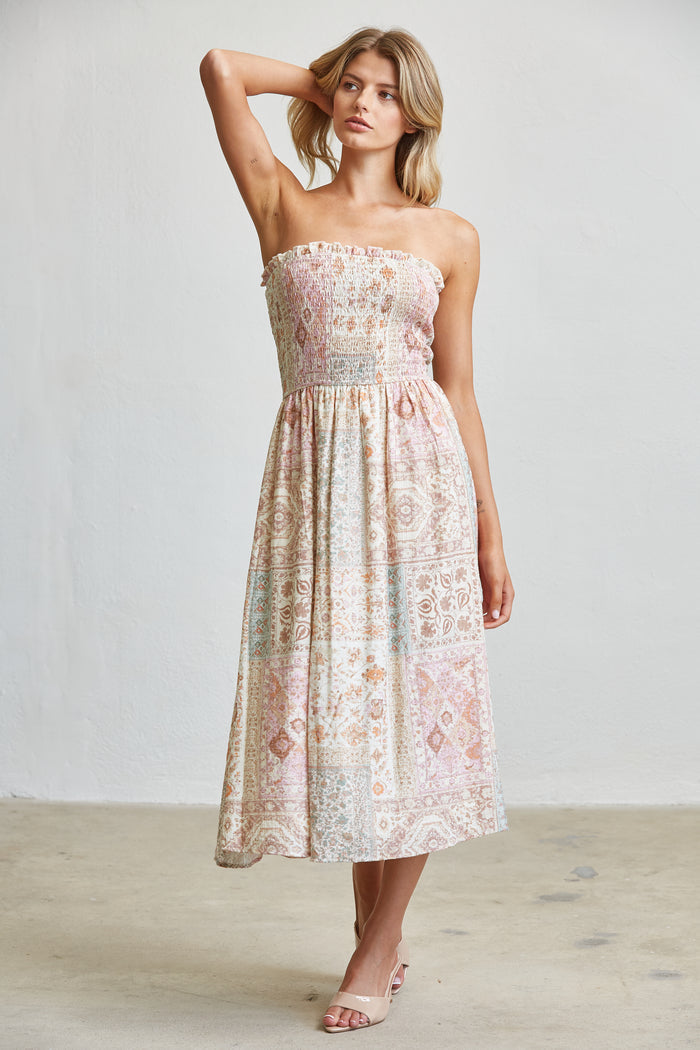 Patchwork Smocked Midi Dress