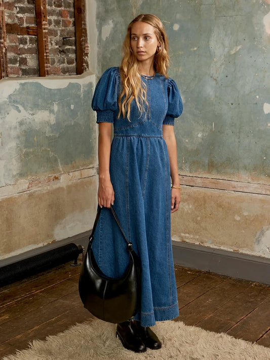 Petite Blue Denim Puff Sleeve Midi Dress