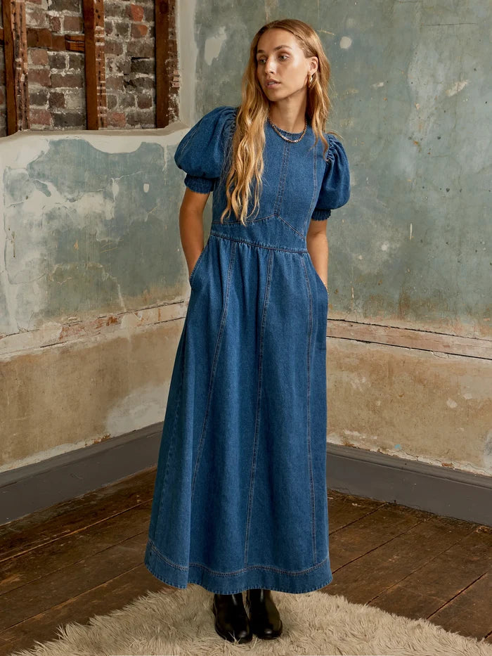 Petite Blue Denim Puff Sleeve Midi Dress