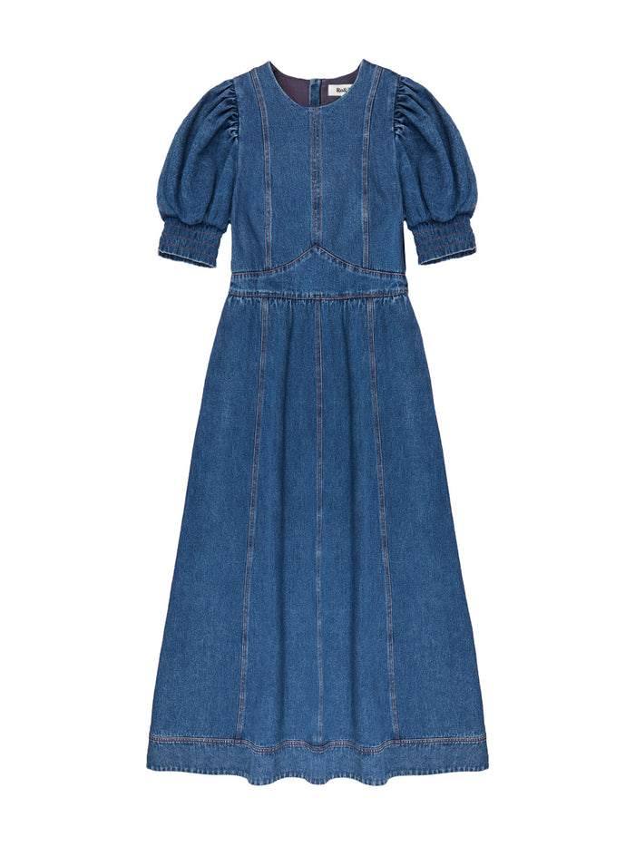 Petite Blue Denim Puff Sleeve Midi Dress