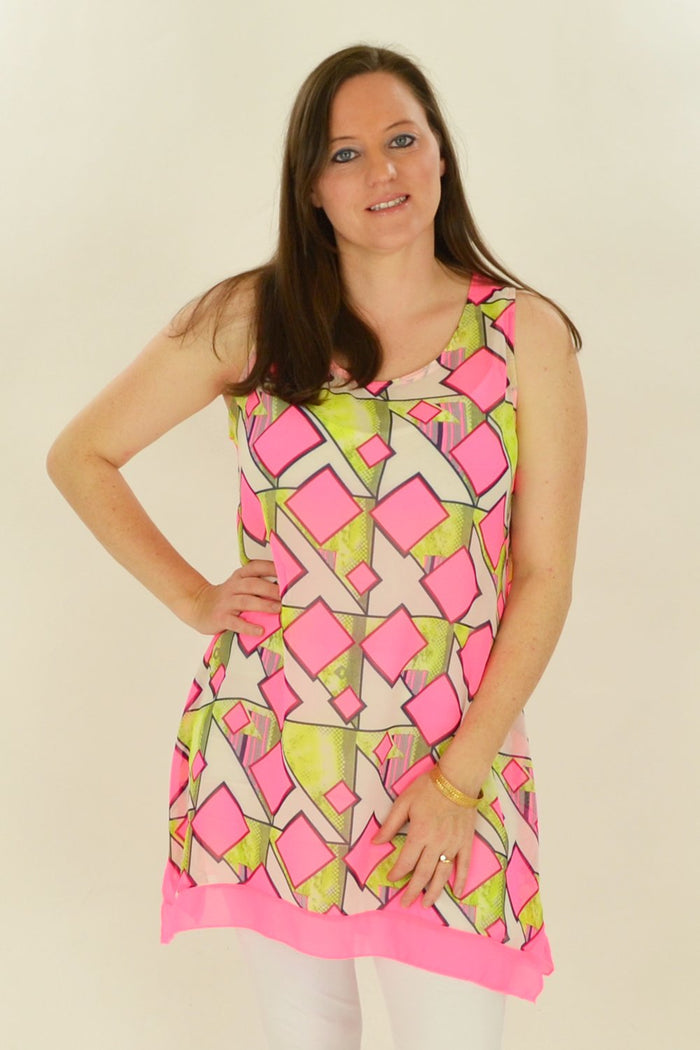 Pink squares patterned tunic by Whispers, featuring a stylish and comfortable design perfect for casual wear.