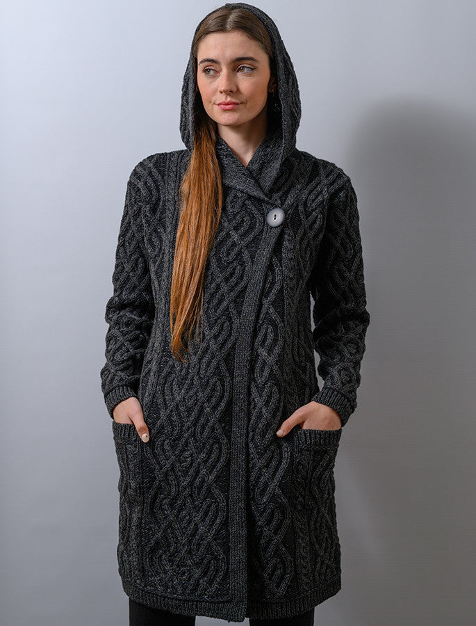 Plaited One Button Coat with Hood - Charcoal Mix #color_charcoal-mix
