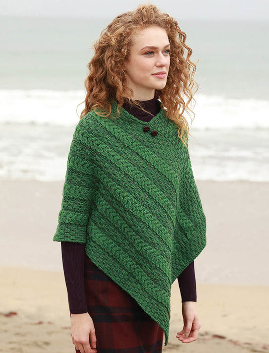 Plaited Aran Poncho with Button Detail - Connemara Green Kiwi #color_kiwi-connemara