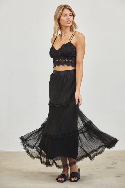 Pleated Tiered Mesh Maxi Skirt
