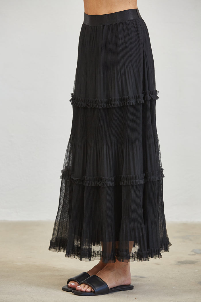Pleated Tiered Mesh Maxi Skirt