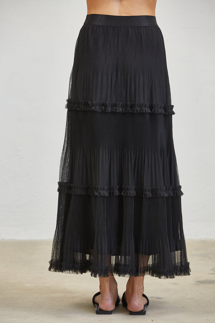Pleated Tiered Mesh Maxi Skirt