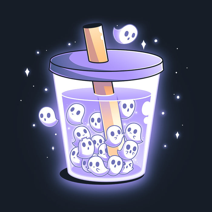 Crew Neck Sweatshirt_TeeTurtle navy blue Poltergeist Pearls apparel featuring a cup of boba tea with ghosts instead of boba pearls.