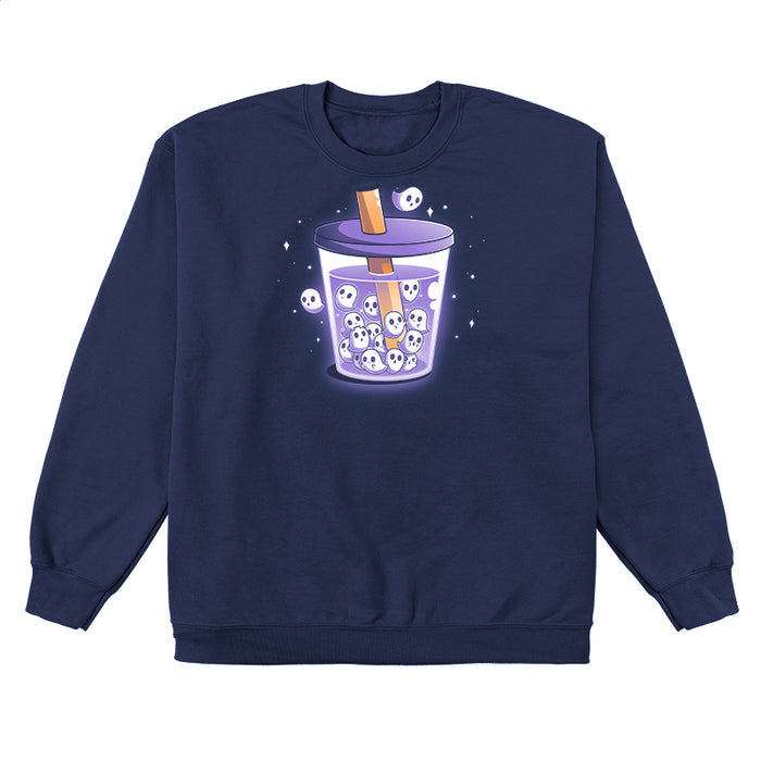 Crew Neck Sweatshirt_TeeTurtle navy blue Poltergeist Pearls apparel featuring a cup of boba tea with ghosts instead of boba pearls.