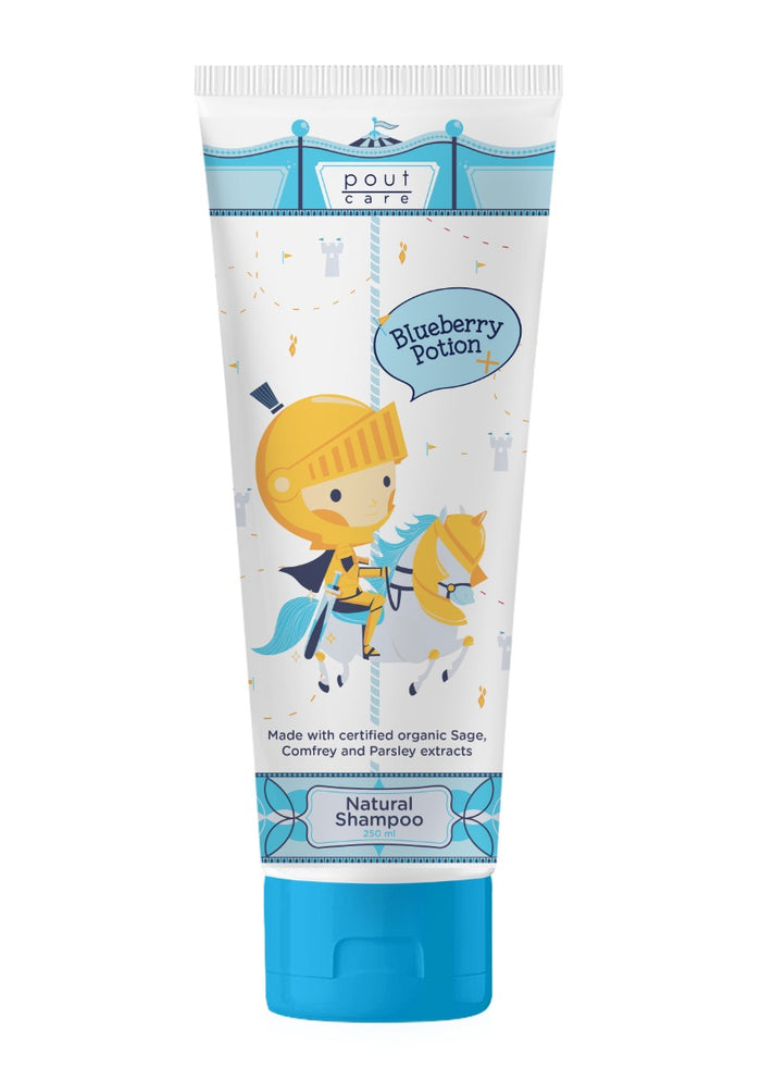 Pout Care Blueberry Potion Natural Shampoo 250ml in a clear bottle with blue and purple label, for nourishing hair and scalp.