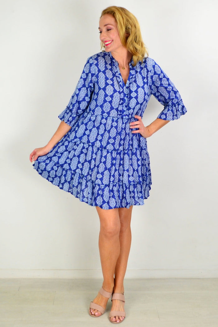 Blue tiered tunic dress by One Summer, featuring a flowing, layered design perfect for casual summer wear.