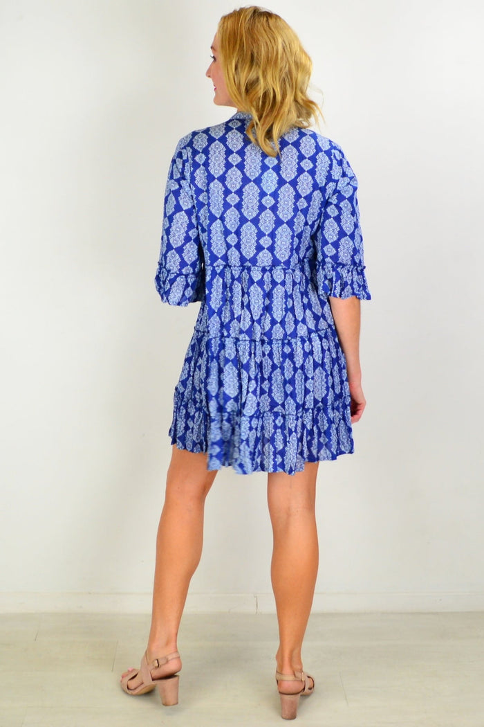 Blue tiered tunic dress by One Summer, featuring a flowy, layered design perfect for casual summer wear.
