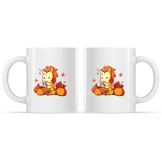 Ceramic Mug_TeeTurtle Pumpkin Spice Unicorn white mug featuring a smiling unicorn enjoying a warm pumpkin spice drink while sitting among pumpkins and colorful autumn leaves with leaves drifting through the air.
