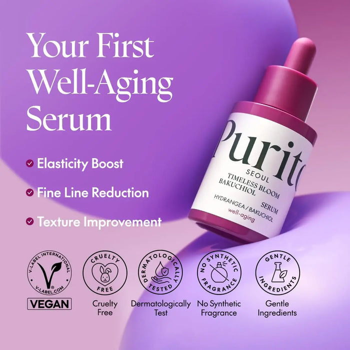 Promotional image for Purito Timeless Bloom Bakuchiol anti-aging serum, highlighting its benefits such as elasticity boost, fine line reduction, and texture improvement, along with its vegan and cruelty-free attributes.