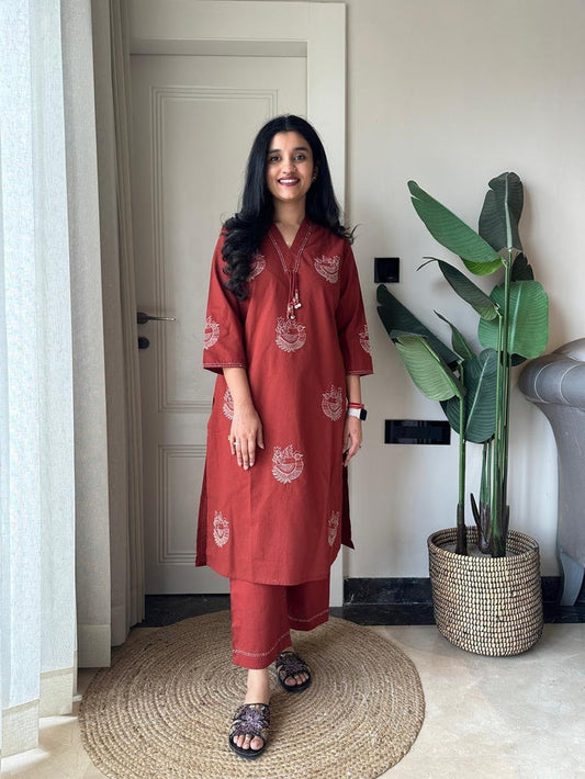 Raisha Embroidered Pant Set- Brick
