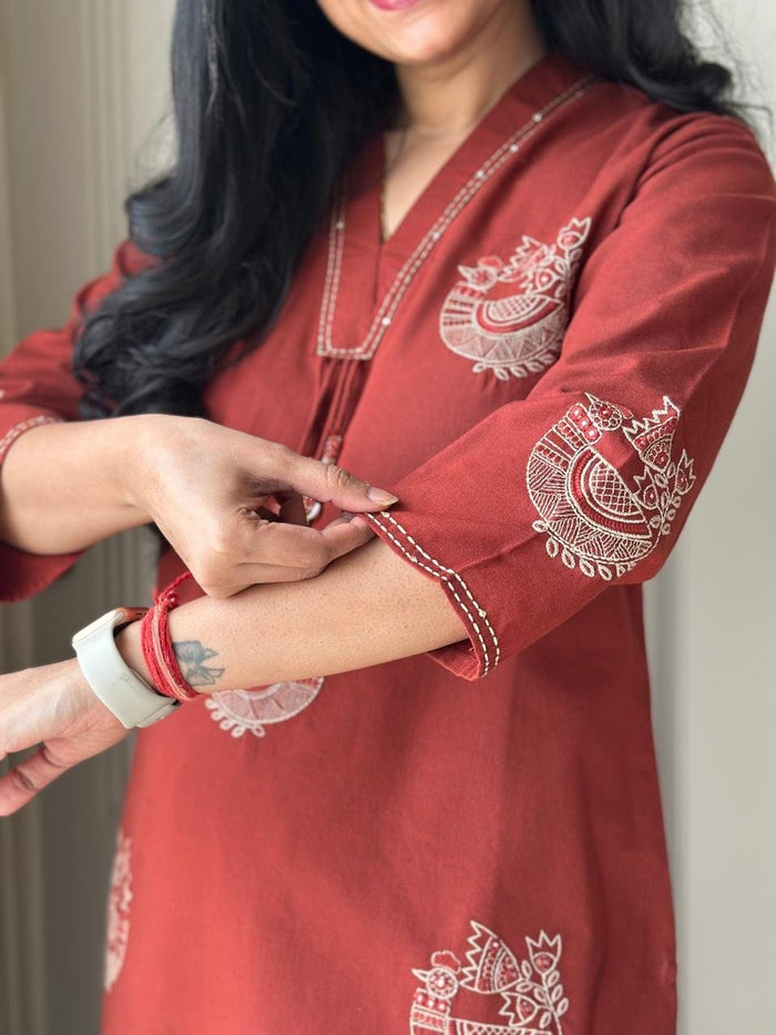 Raisha Embroidered Pant Set- Brick