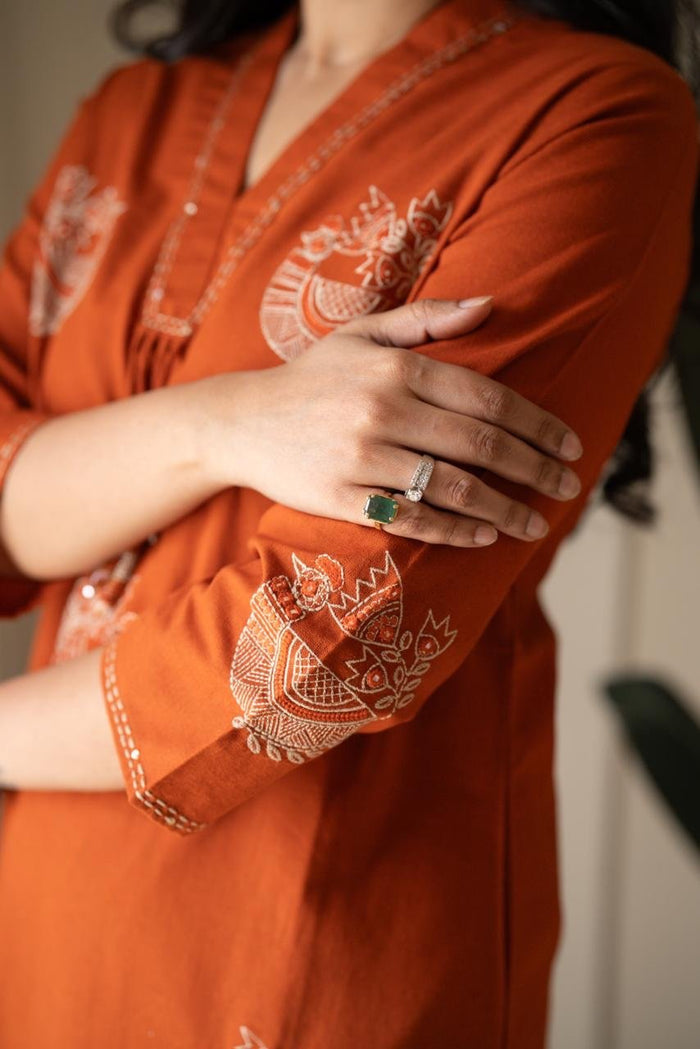 Raisha Embroidered Pant Set- Orange