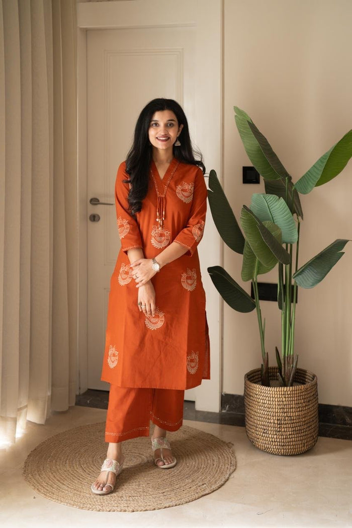 Raisha Embroidered Pant Set- Orange