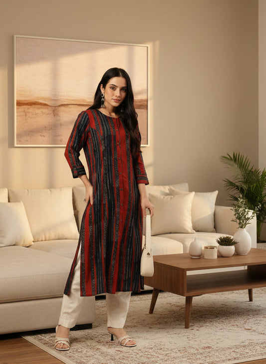 Red & Blue Stripe Printed Kurta, Princess Cur Kurta, A-Line Kurta, Print, Mandarin Collar kurta, printed kurta
