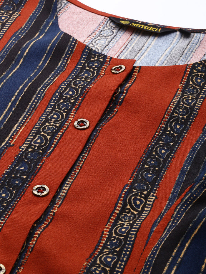 Red & Blue Stripe Printed Kurta, Princess Cur Kurta, A-Line Kurta, Print, Mandarin Collar kurta, printed kurta