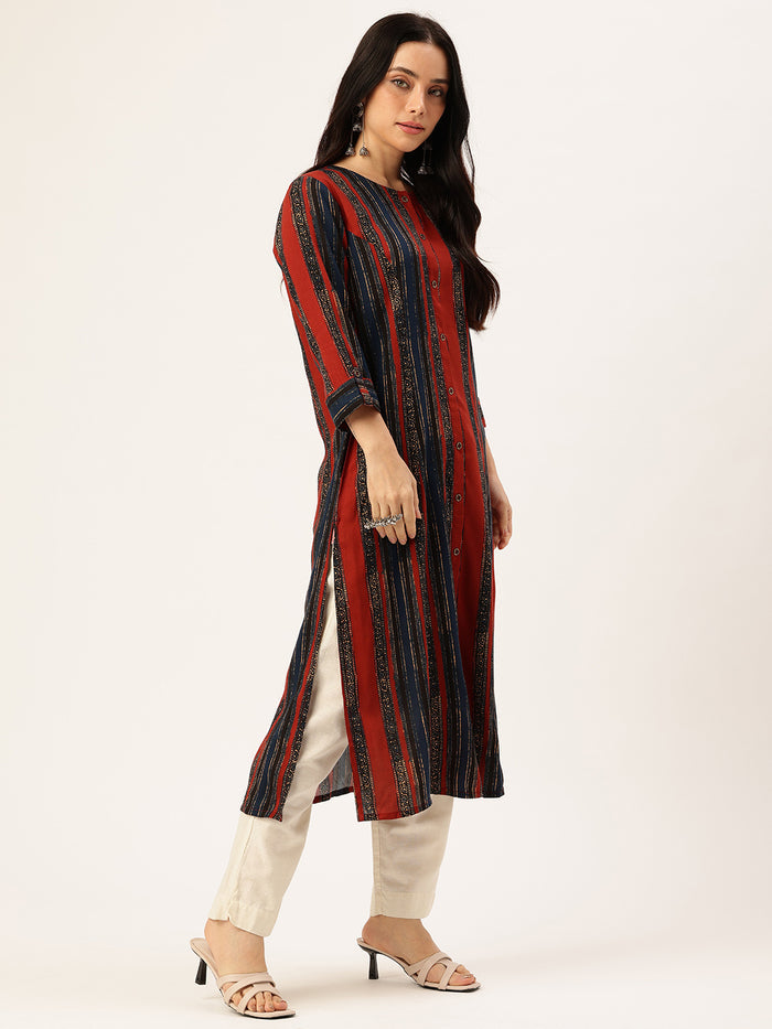 Red & Blue Stripe Printed Kurta, Princess Cur Kurta, A-Line Kurta, Print, Mandarin Collar kurta, printed kurta