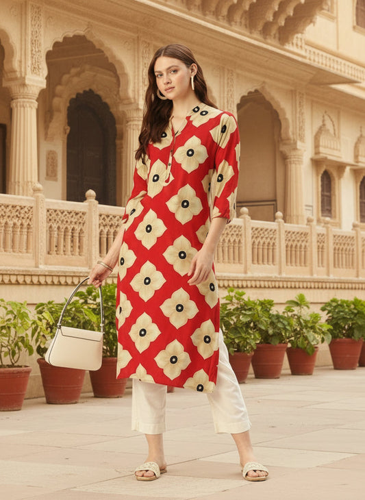 Red Floral Printed Kurta, Floral Print, Mandarin Collar kurta, printed kurta