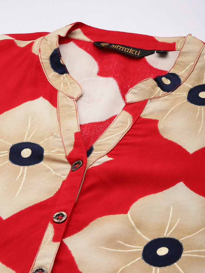 Red Floral Printed Kurta, Floral Print, Mandarin Collar kurta, printed kurta