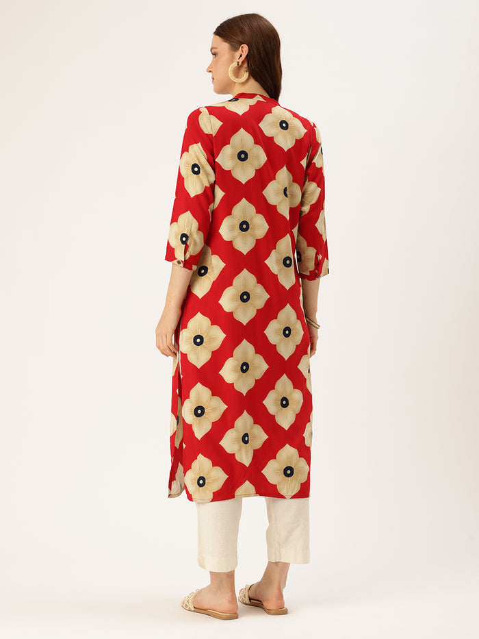 Red Floral Printed Kurta, Floral Print, Mandarin Collar kurta, printed kurta