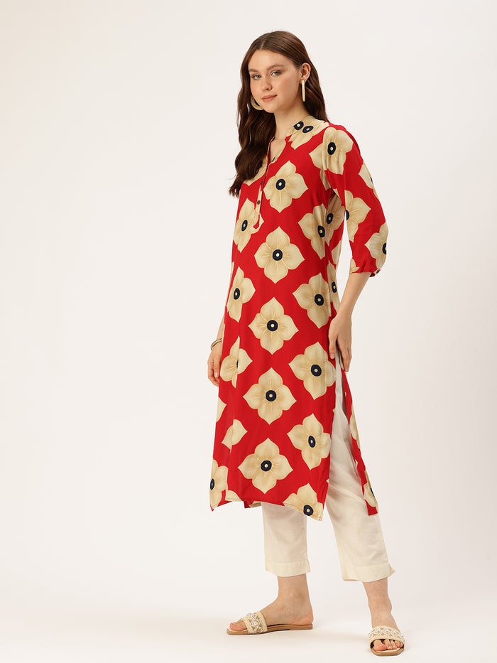 Red Floral Printed Kurta, Floral Print, Mandarin Collar kurta, printed kurta