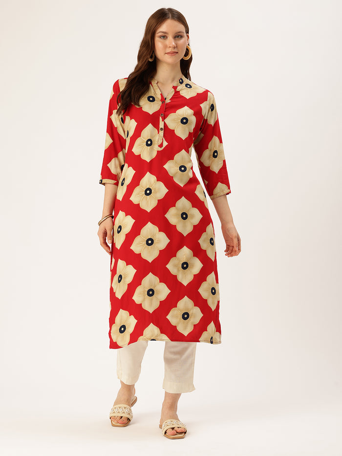 Red Floral Printed Kurta, Floral Print, Mandarin Collar kurta, printed kurta