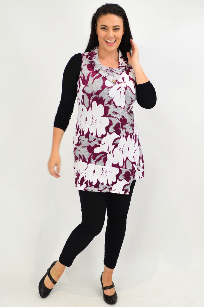 Red Hibiscus layering tunic top by Whispers, featuring a stylish red and grey design, perfect for mature women's winter fashion.