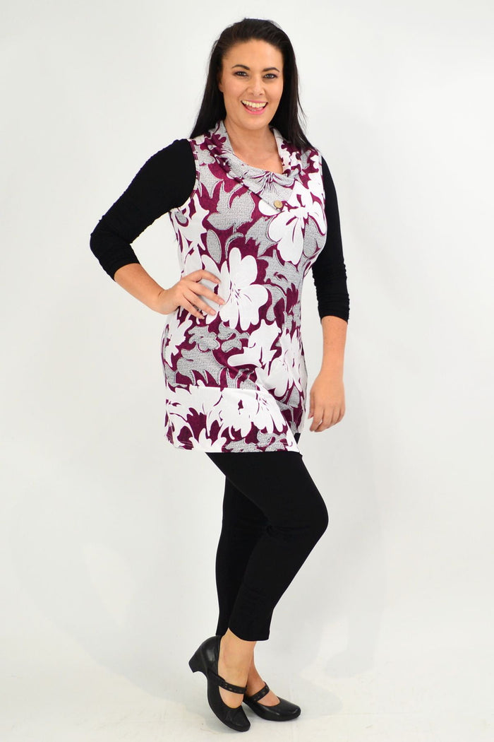 Red Hibiscus layering tunic top for women, featuring a relaxed fit and stylish design by Whispers, shown on a model.