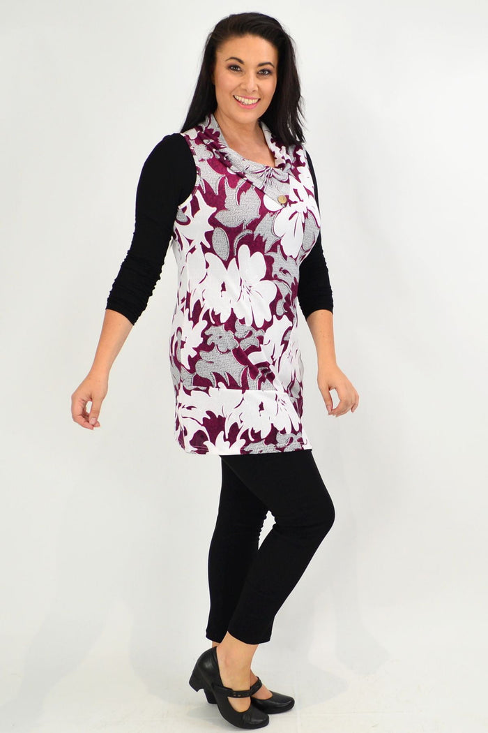 Red Hibiscus layering tunic top by Whispers, featuring a vibrant red and grey design, perfect for stylish winter fashion.