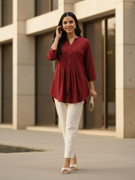 Red Mandarin Collar Tucks Detail Tunic