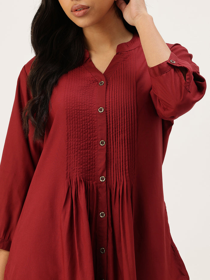 Red Mandarin Collar Tucks Detail Tunic