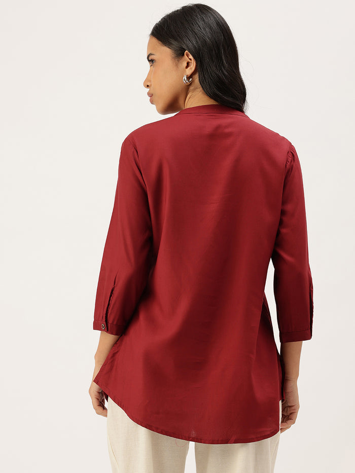 Red Mandarin Collar Tucks Detail Tunic