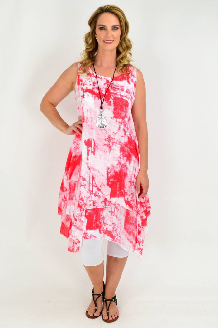 Red Mandy Linen Cotton Tunic Dress by Whispers, featuring a relaxed fit and lightweight fabric, shown on a model.