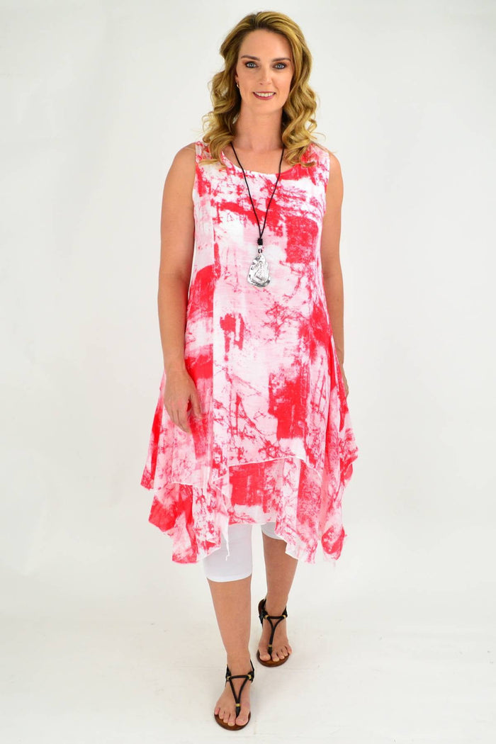 Red Mandy linen cotton tunic dress by Whispers, featuring a relaxed fit, sleeveless design, and casual style, hanging on a hanger.